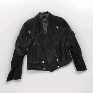 Vintage 1990s Black Suede Leather Fringe Western Jacket Large Cowgirl Festival